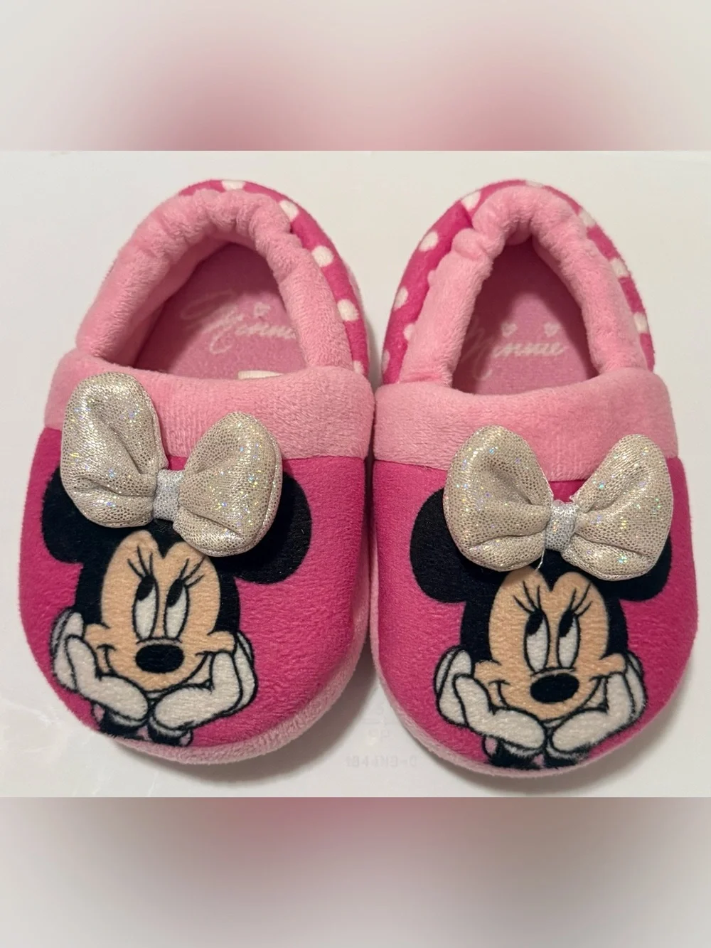 Disney Pink Minnie Mouse Plush Kids Slippers with Sparkle Bows